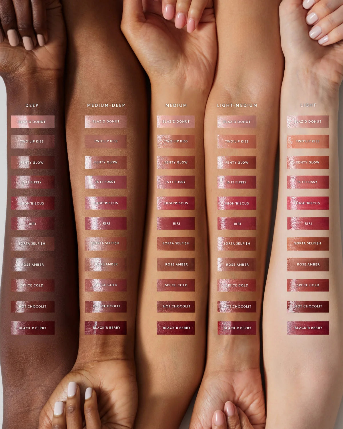 Fenty Beauty Lip Gloss shades – nude pink clear gloss range