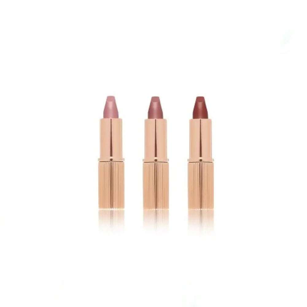 Charlotte Tilbury Mini Lip Wardrobe lipstick trio result – glossy satin finish