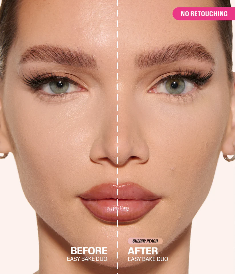 Huda Beauty Easy Bake Duo Powder before after – blurred pores matte skin