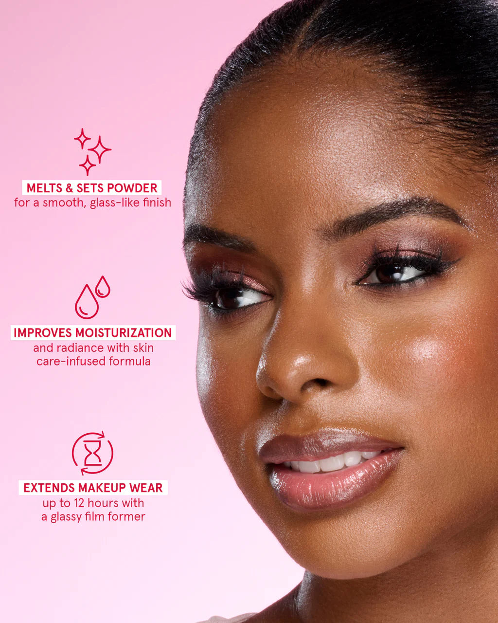 One Size Powder Melt Spray features – melts powder for skin-like finish